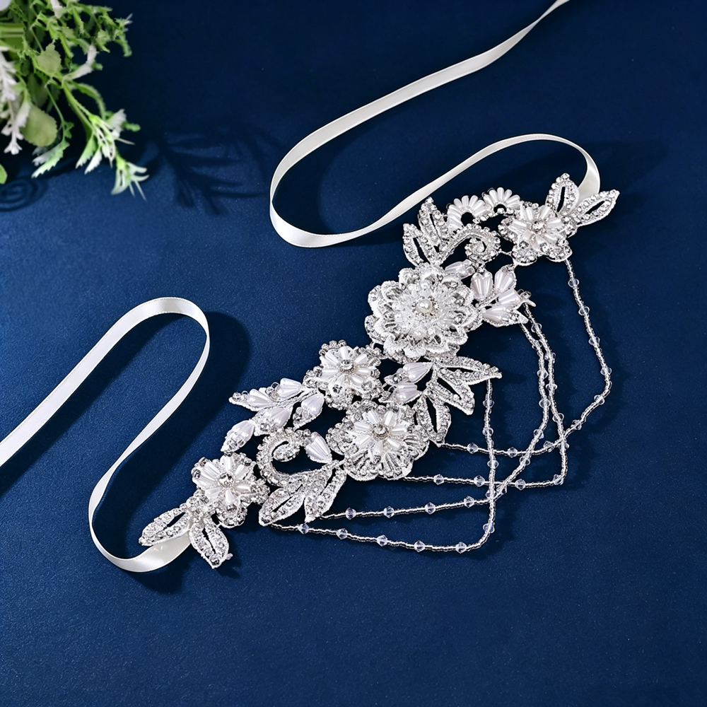 Bridal Sash Ribbon - Silver Crystal Wedding Dress Belt with