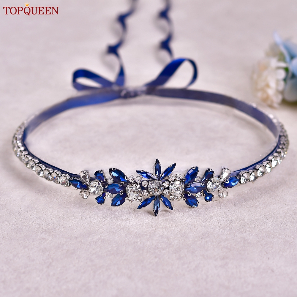 Bridal Sash Ribbon - TOPQUEEN Blue Diamond Bridal Ribbon Belt