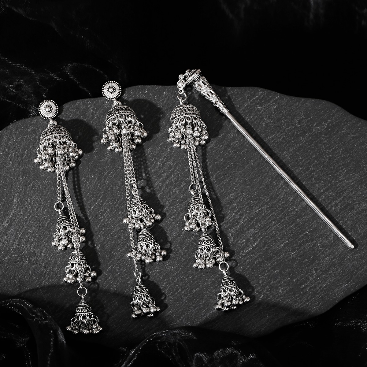 Indian Wedding Supply - 2pcs Vintage Long Tassel Earring&Hairpin for